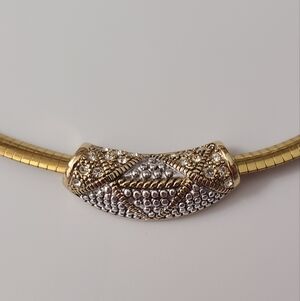 Vintage Omega Chain Rhinestone Pendant Necklace Gold Tone Silver Very Pretty